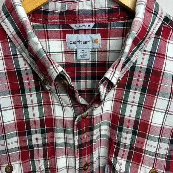 Carhartt Cotton Shirt Red Black Plaid Short Sleeve XL Button Down Relaxed Fit - Picture 3 of 9